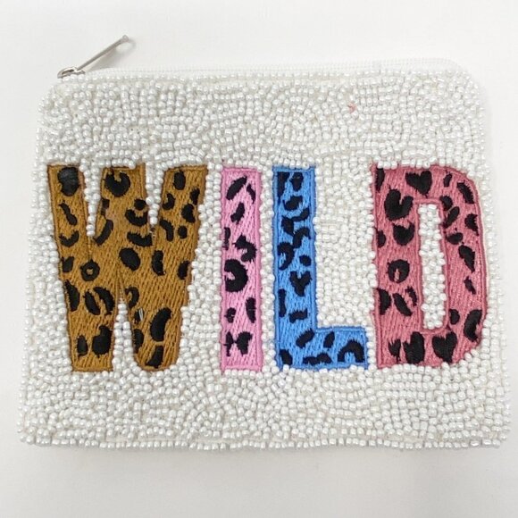 WILD Animal Print Embroidered Patches on White Beaded Coin Purse - Picture 1 of 7